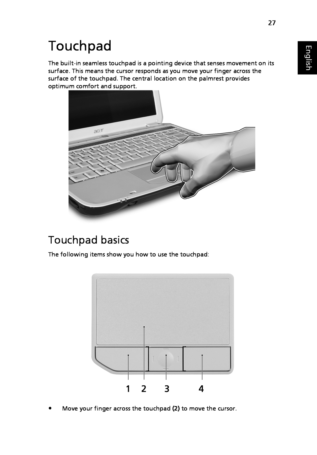 Acer MS2219, 4920 manual Touchpad basics, English 