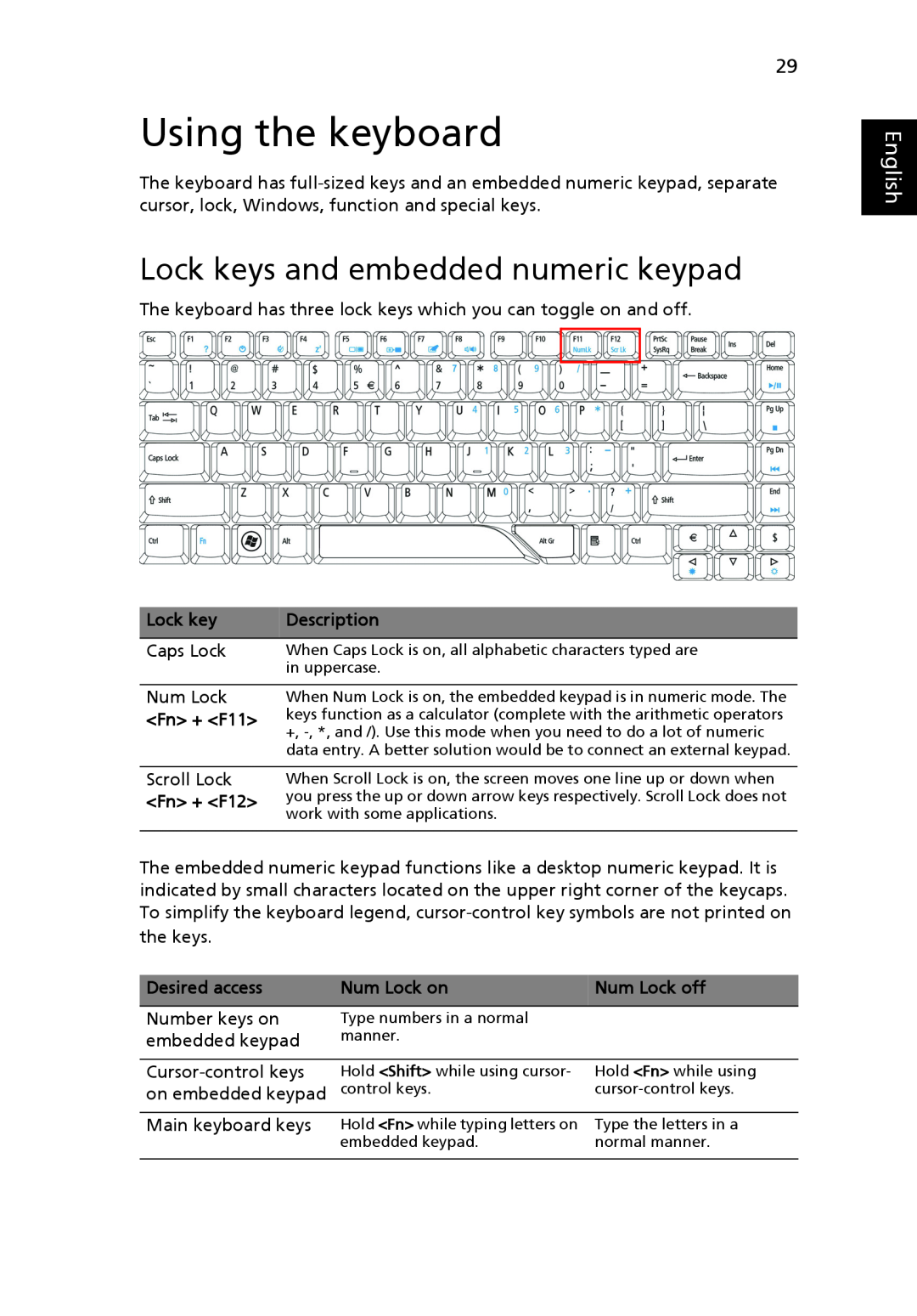 Acer MS2219, 4920 manual Using the keyboard, Lock keys and embedded numeric keypad, English 