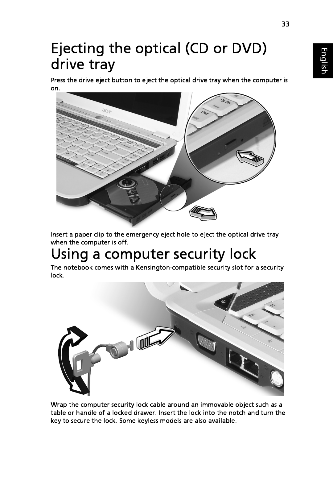 Acer MS2219, 4920 manual Ejecting the optical CD or DVD drive tray, Using a computer security lock, English 