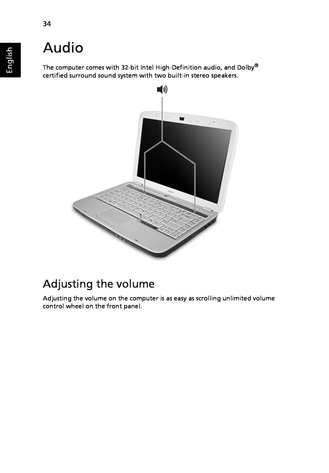 Acer 4920, MS2219 manual Audio, Adjusting the volume, English 