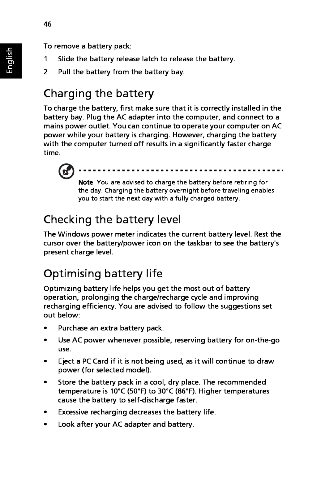 Acer 4920, MS2219 manual Charging the battery, Checking the battery level, Optimising battery life, English 
