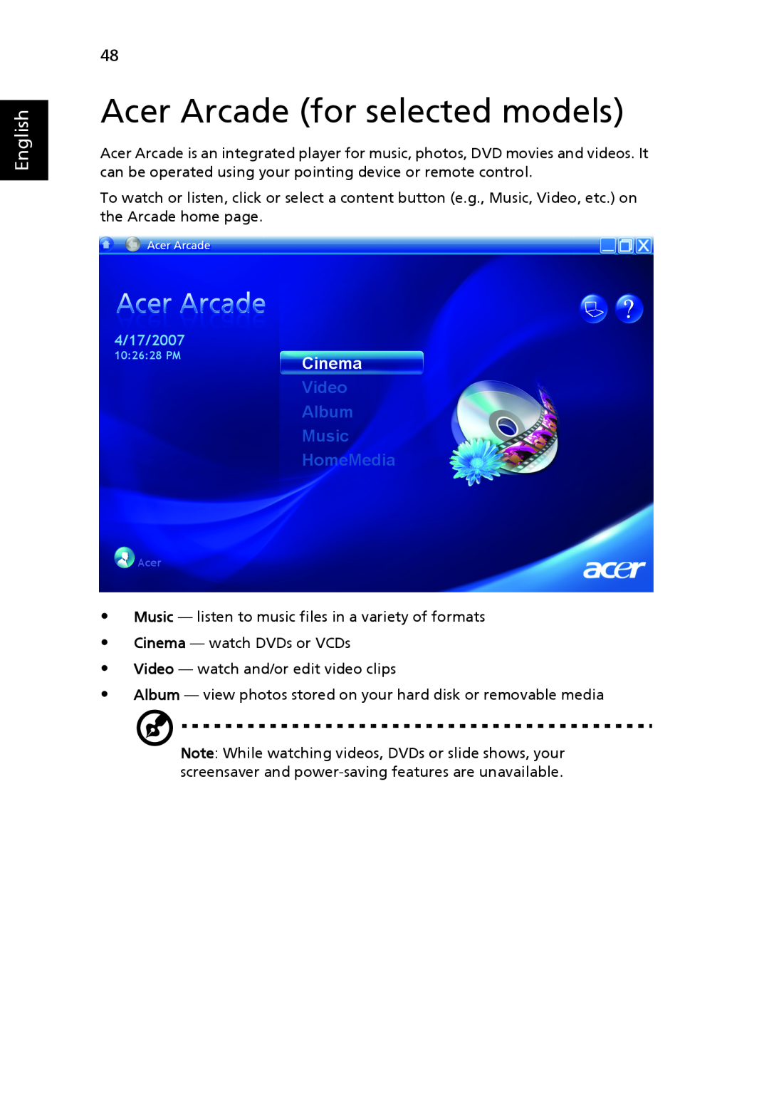 Acer 4920, MS2219 manual Acer Arcade for selected models, English 