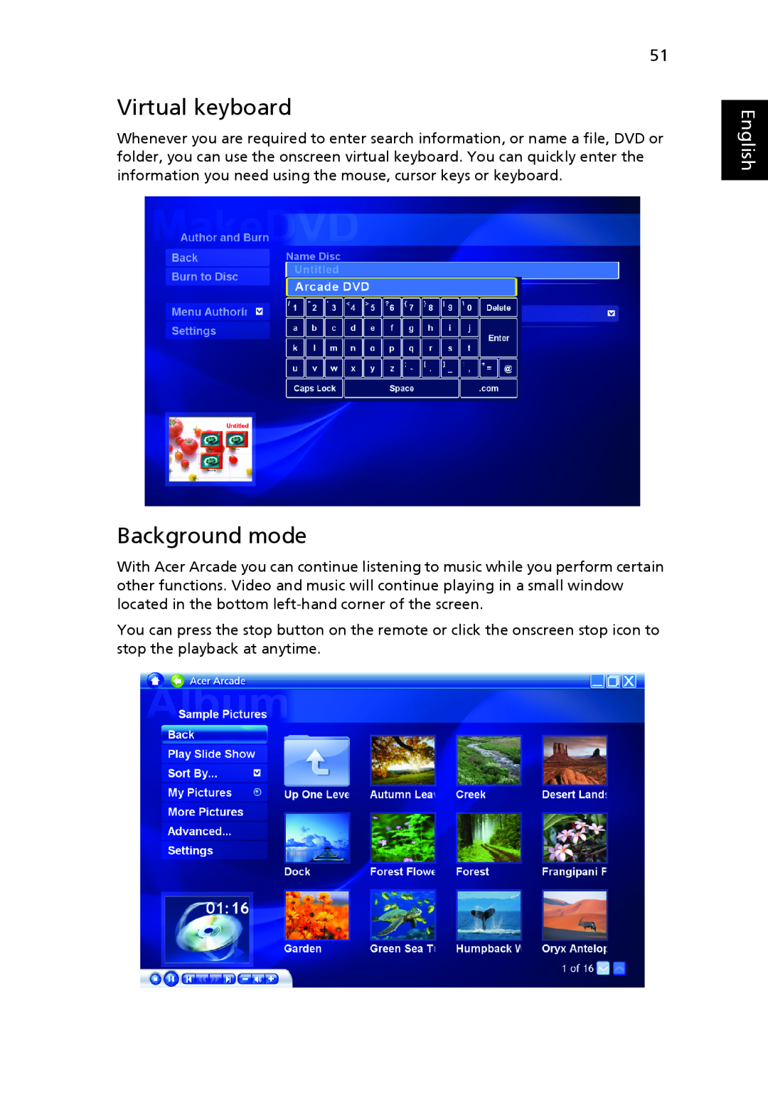 Acer MS2219, 4920 manual Virtual keyboard, Background mode, English 