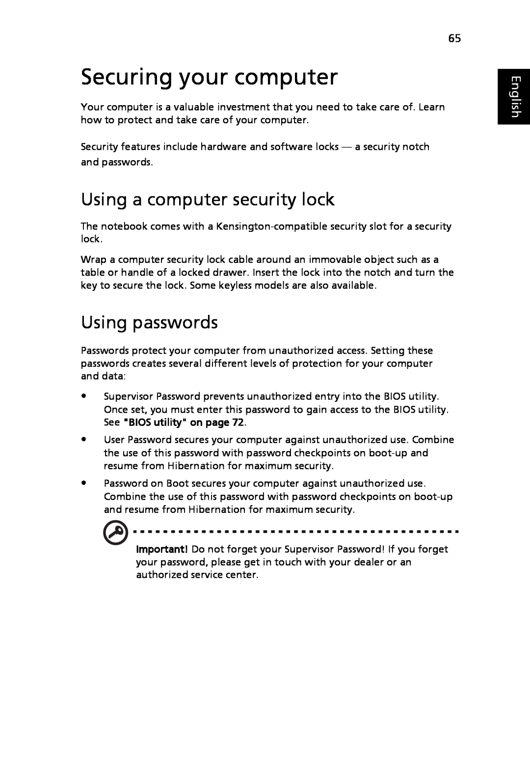Acer MS2219, 4920 manual Securing your computer, Using a computer security lock, Using passwords, English 