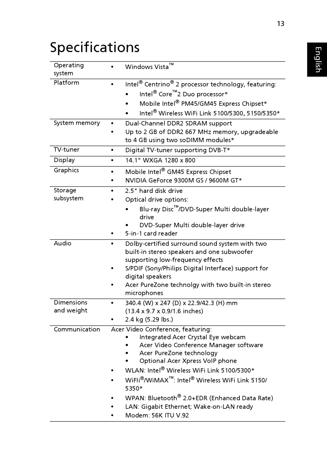 Acer 4930 Series manual Specifications 