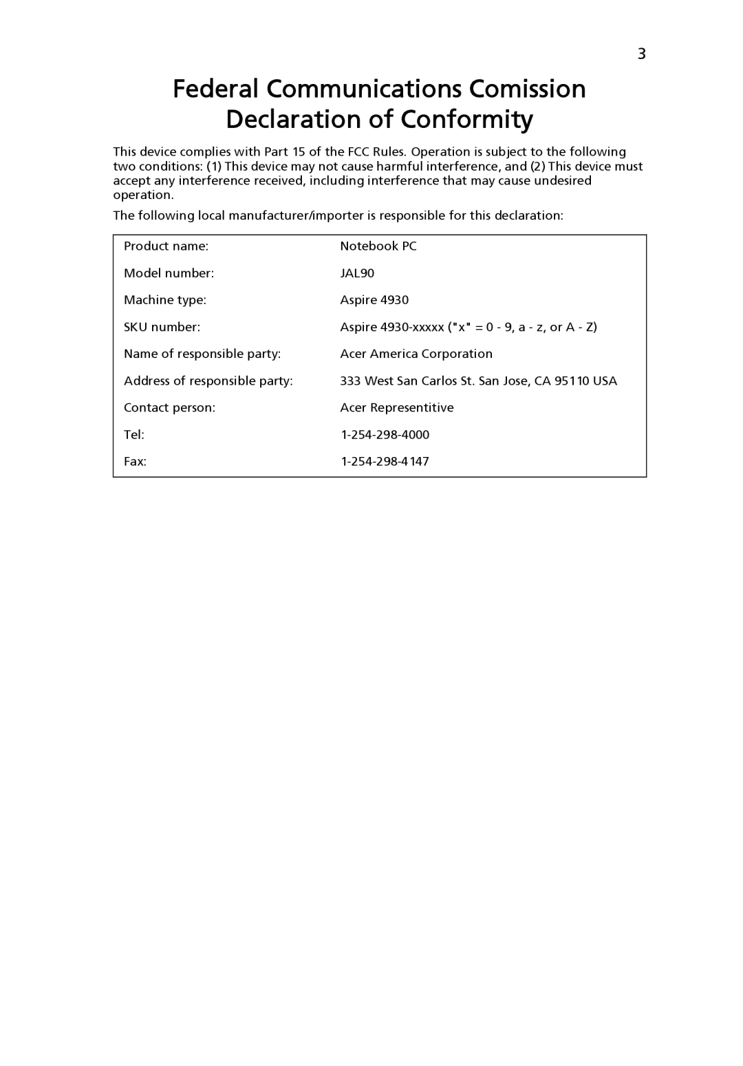Acer 4930 Series manual Federal Communications Comission Declaration of Conformity 