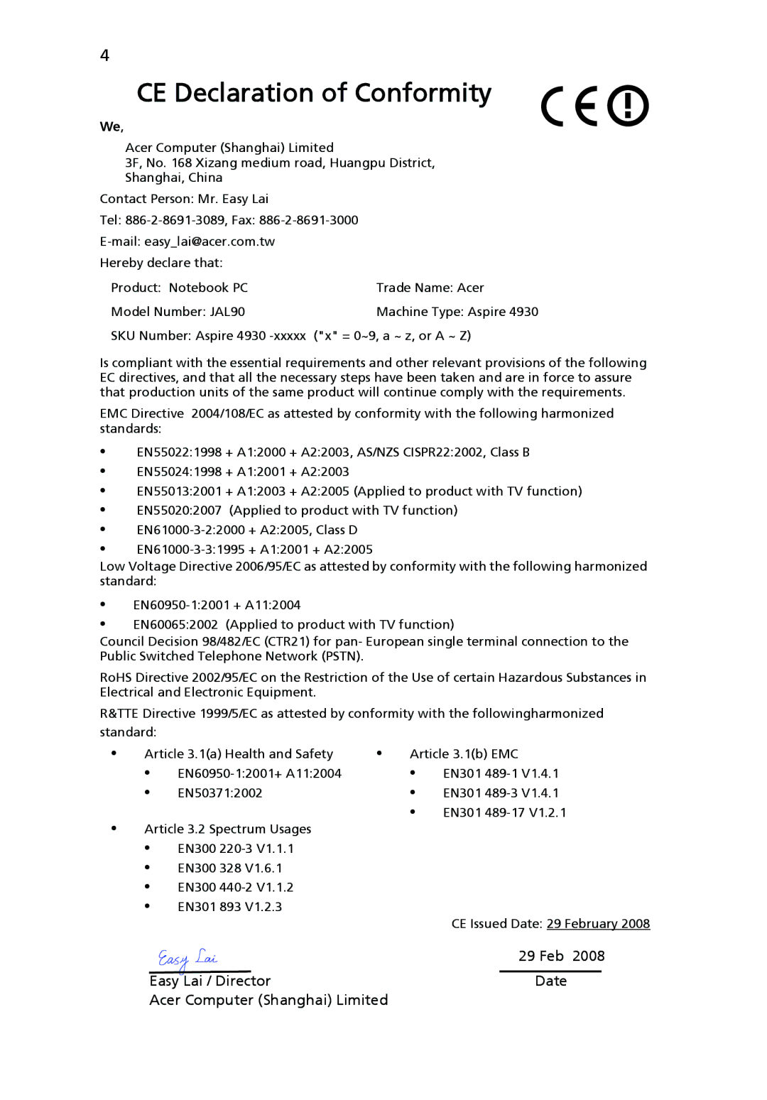 Acer 4930 Series manual CE Declaration of Conformity 