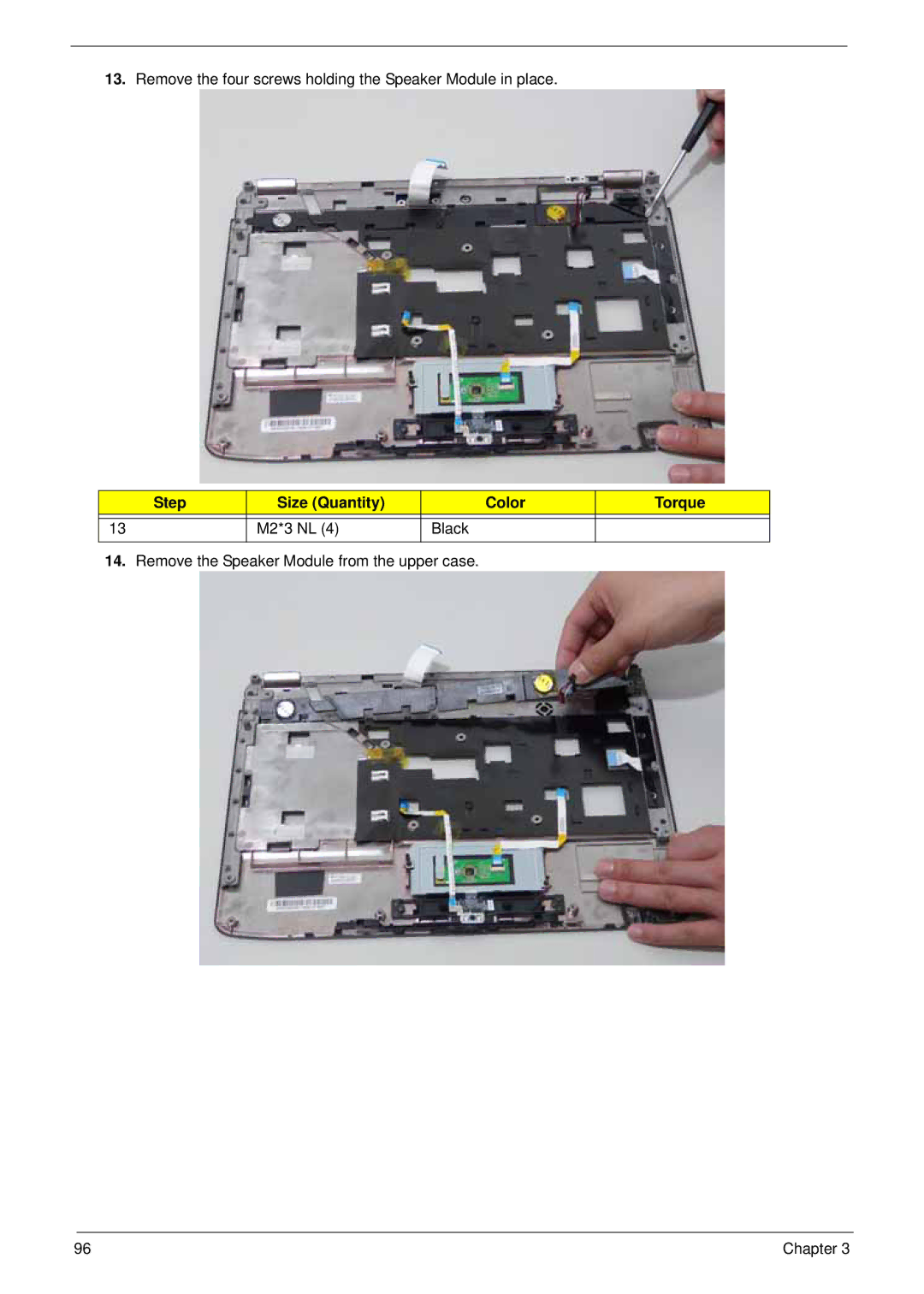 Acer 4930G manual Remove the four screws holding the Speaker Module in place 