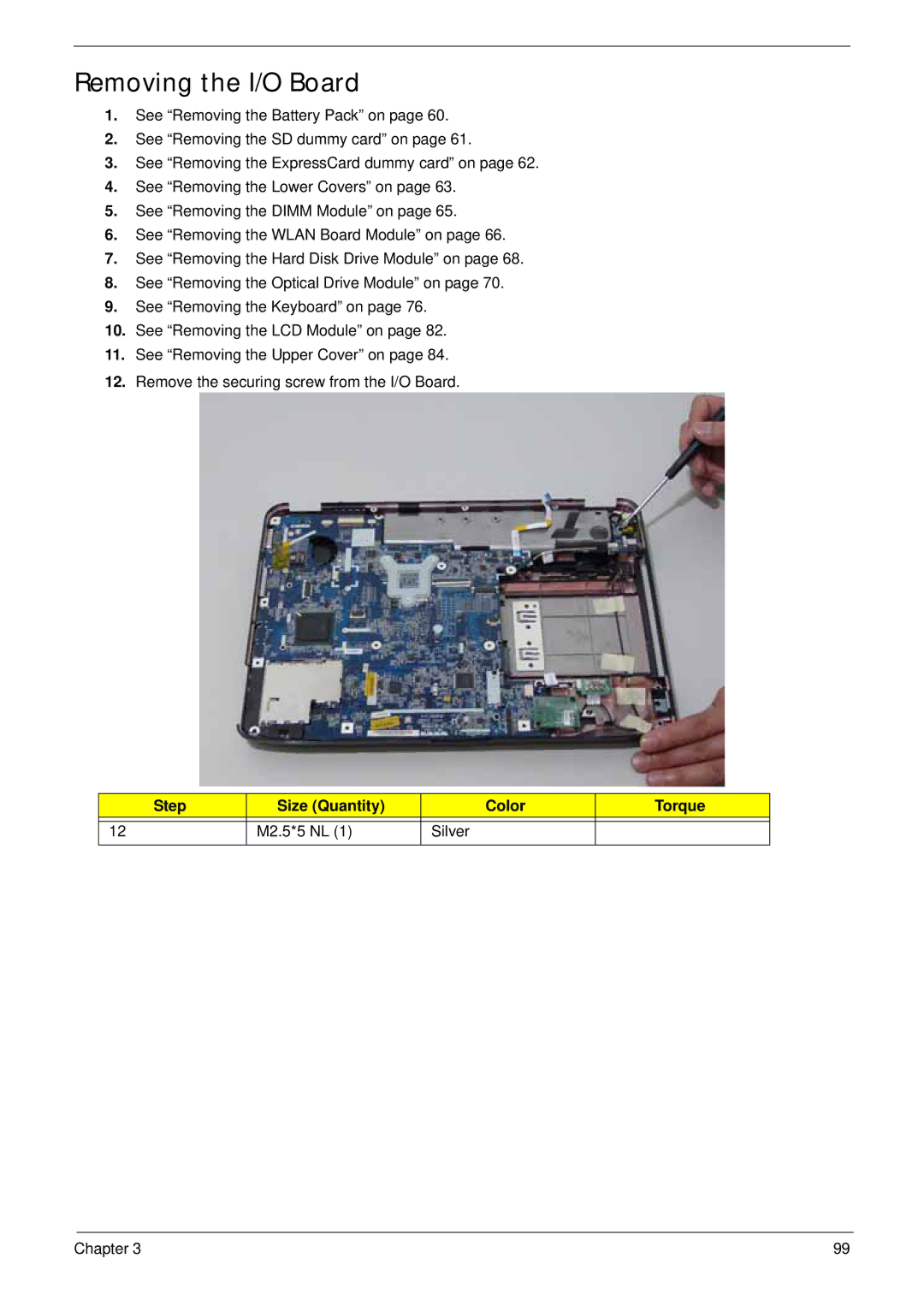 Acer 4930G manual Removing the I/O Board, Step Size Quantity Color Torque M2.5*5 NL Silver 