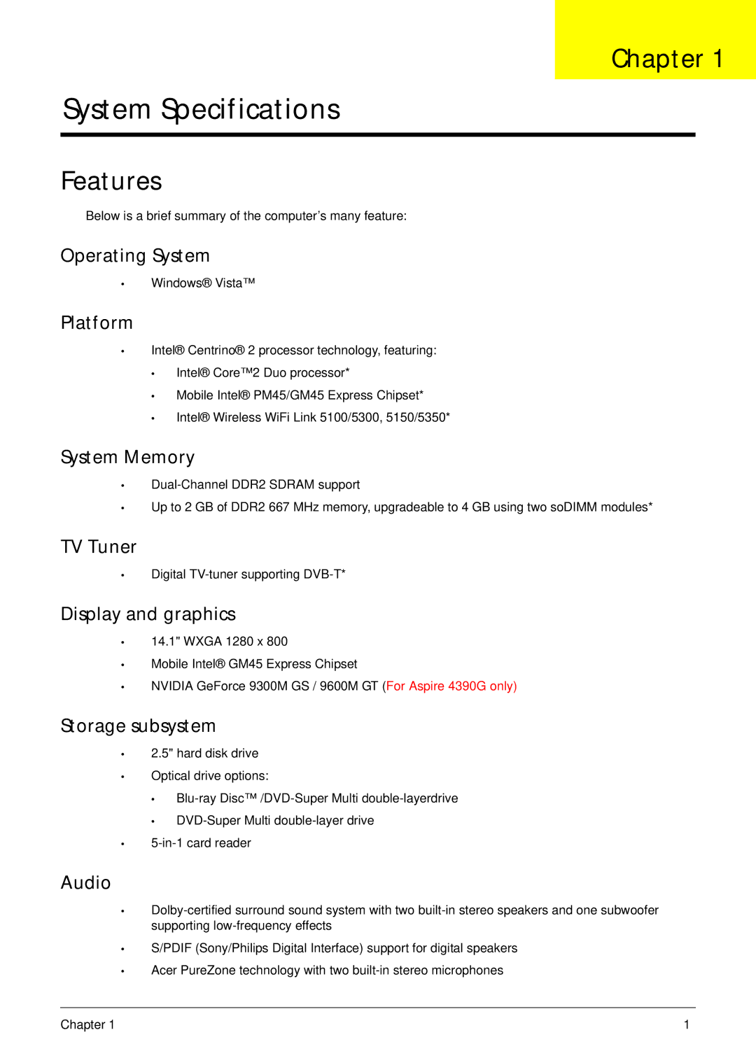 Acer 4930G manual Chapter, Features 