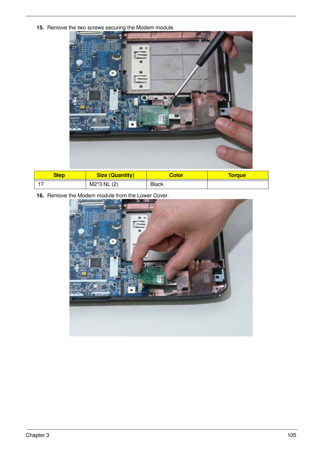 Acer 4930G manual Remove the two screws securing the Modem module 