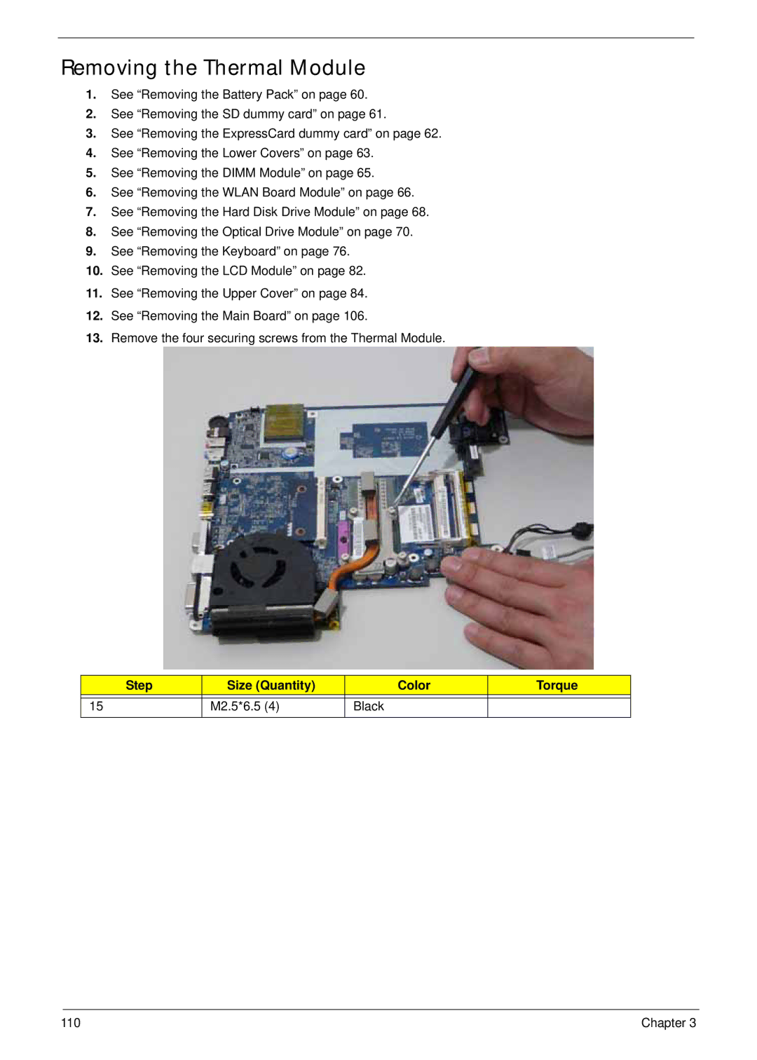 Acer 4930G manual Removing the Thermal Module, Step Size Quantity Color Torque M2.5*6.5 Black 