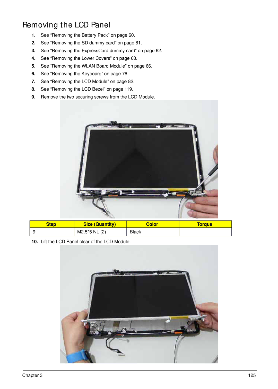 Acer 4930G manual Removing the LCD Panel, Step Size Quantity Color Torque M2.5*5 NL Black 