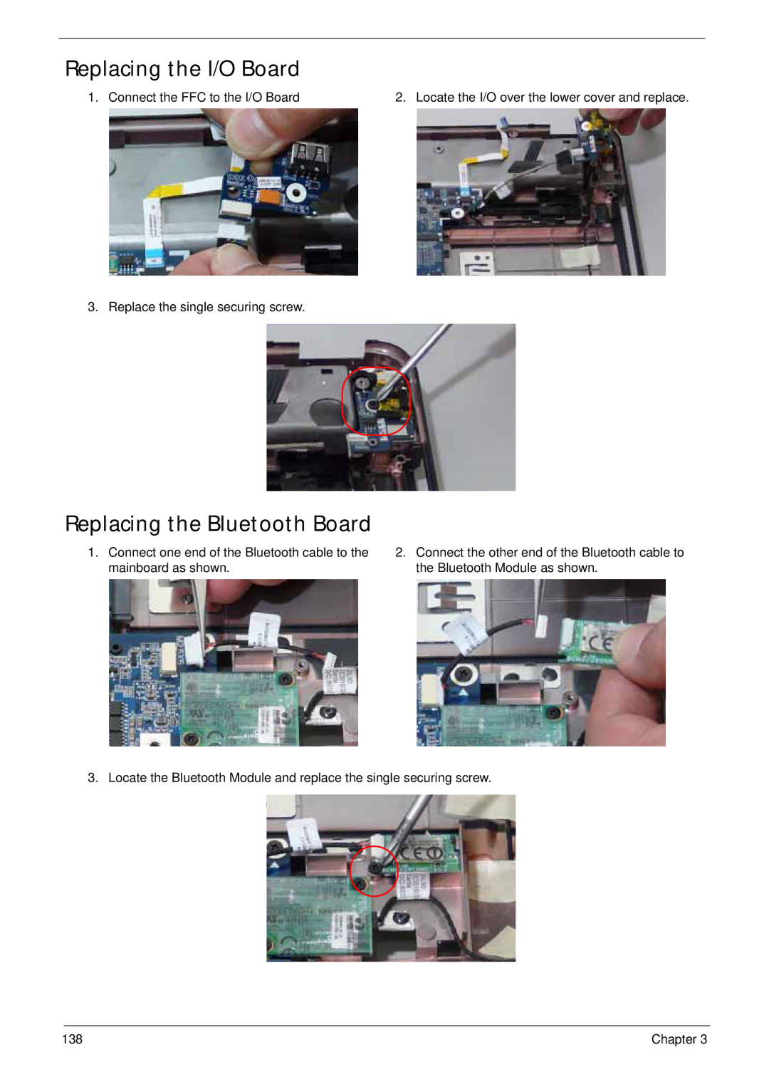 Acer 4930G manual Replacing the I/O Board, Replacing the Bluetooth Board 