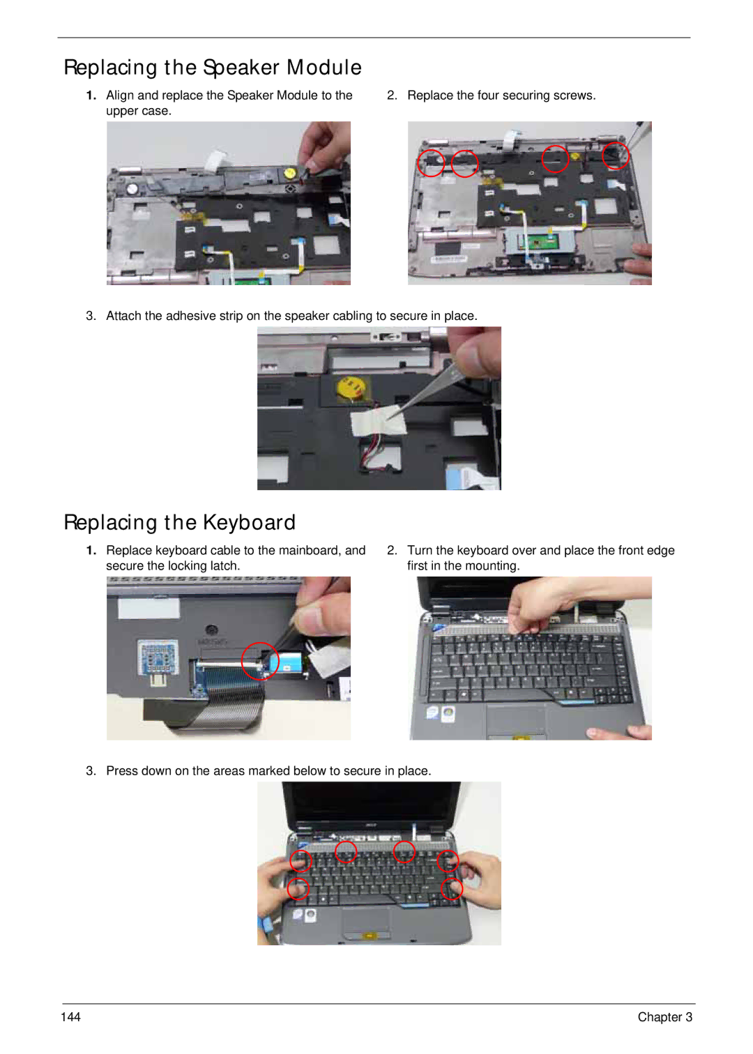 Acer 4930G manual Replacing the Speaker Module, Replacing the Keyboard 