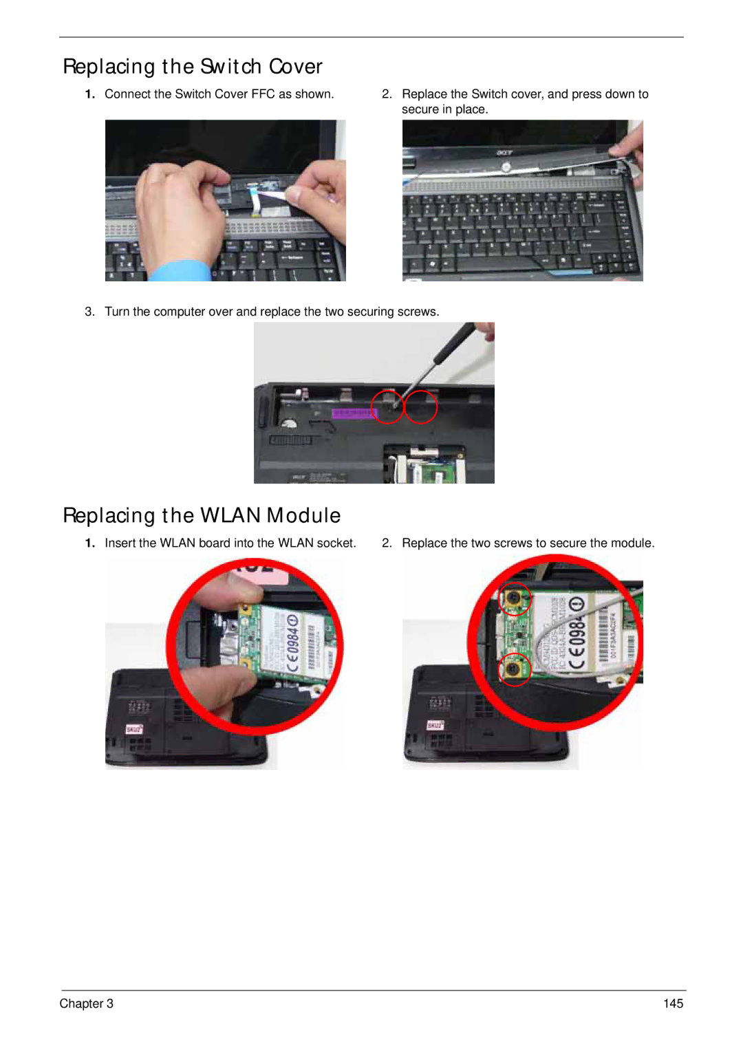 Acer 4930G manual Replacing the Switch Cover, Replacing the Wlan Module 