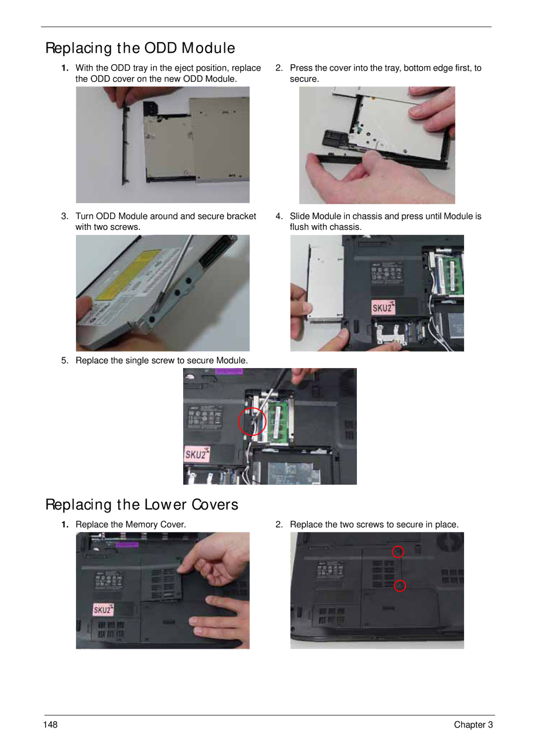 Acer 4930G manual Replacing the ODD Module, Replacing the Lower Covers 