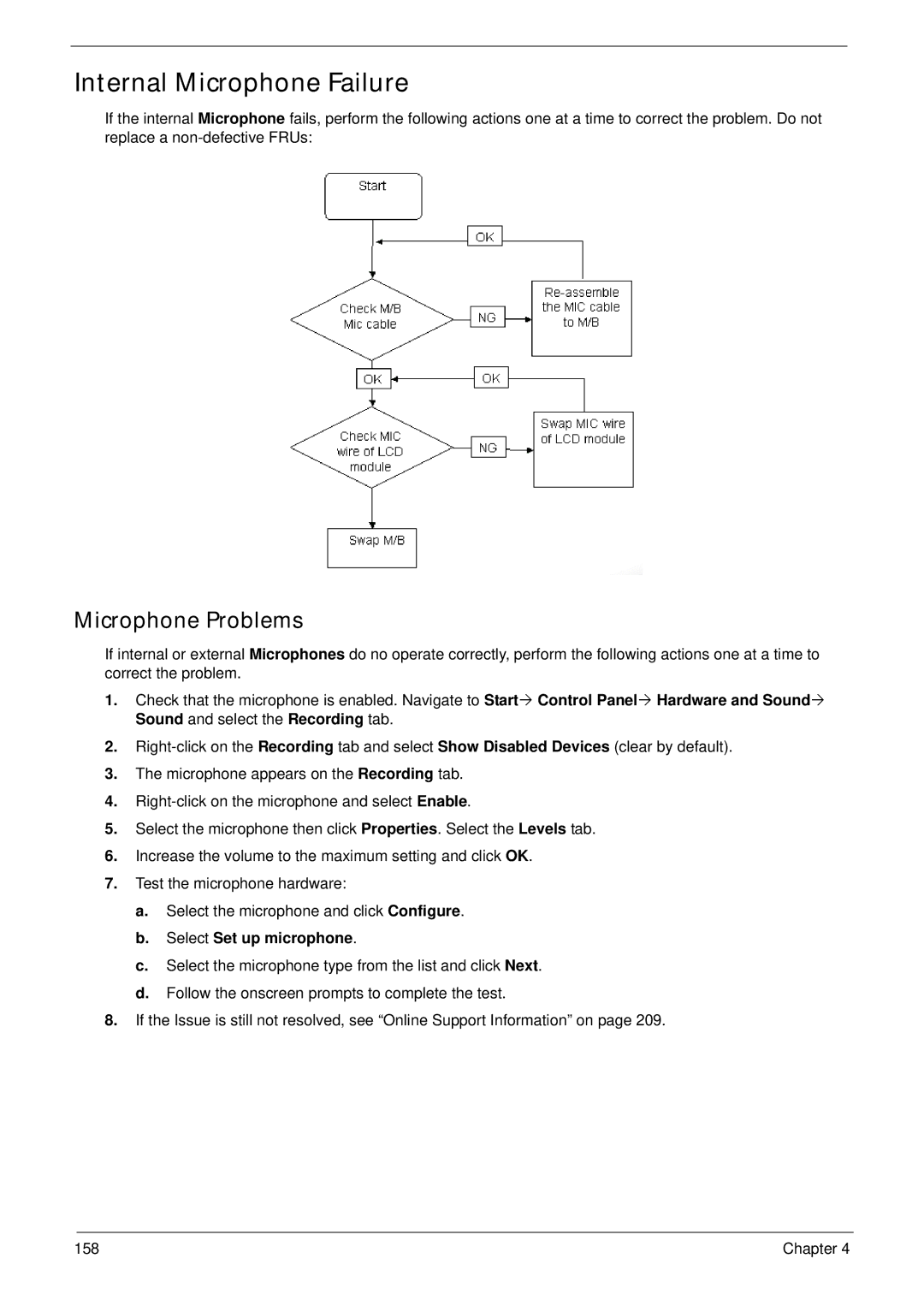 Acer 4930G manual Internal Microphone Failure, Microphone Problems, Select Set up microphone 