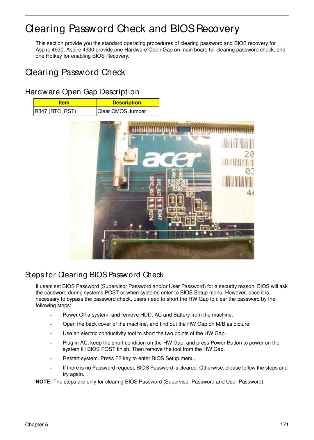 Acer 4930 Clearing Password Check and Bios Recovery, Hardware Open Gap Description, Steps for Clearing Bios Password Check 