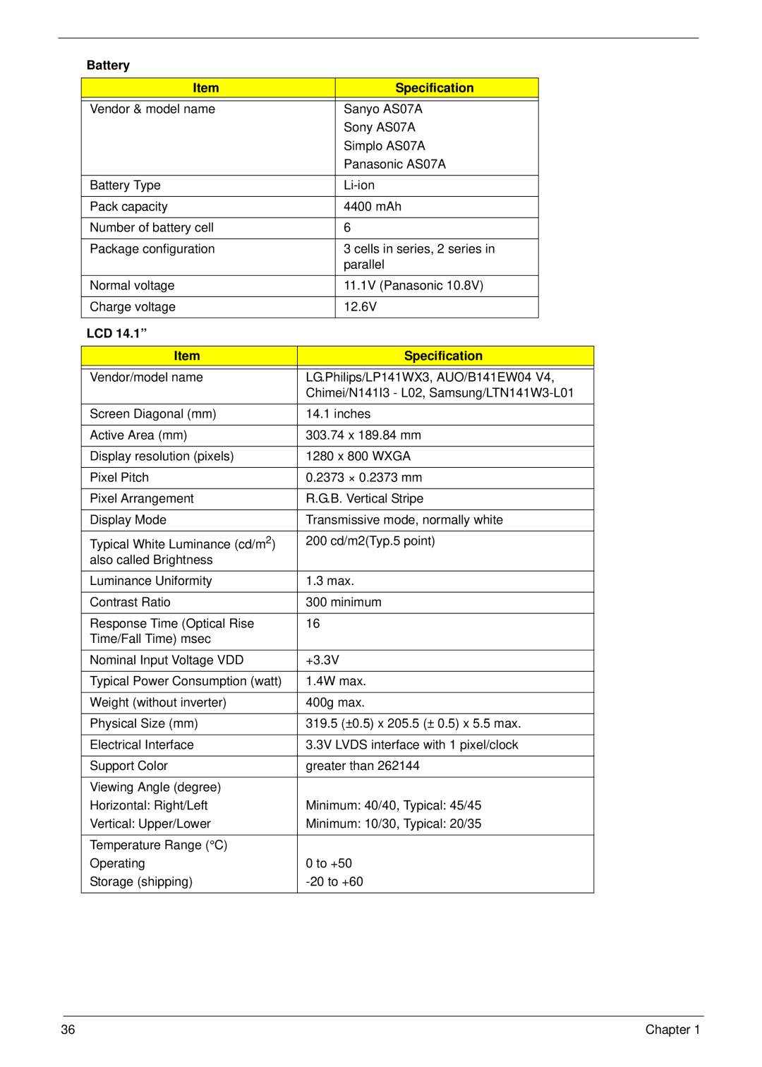 Acer 4930G manual Battery Specification, LCD Specification 