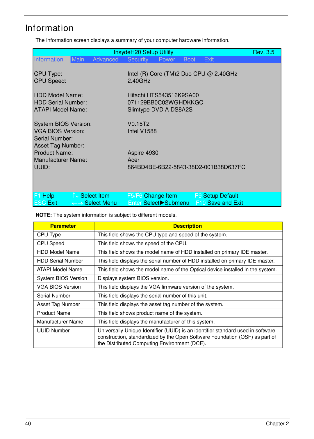 Acer 4930G manual Information, Parameter Description 