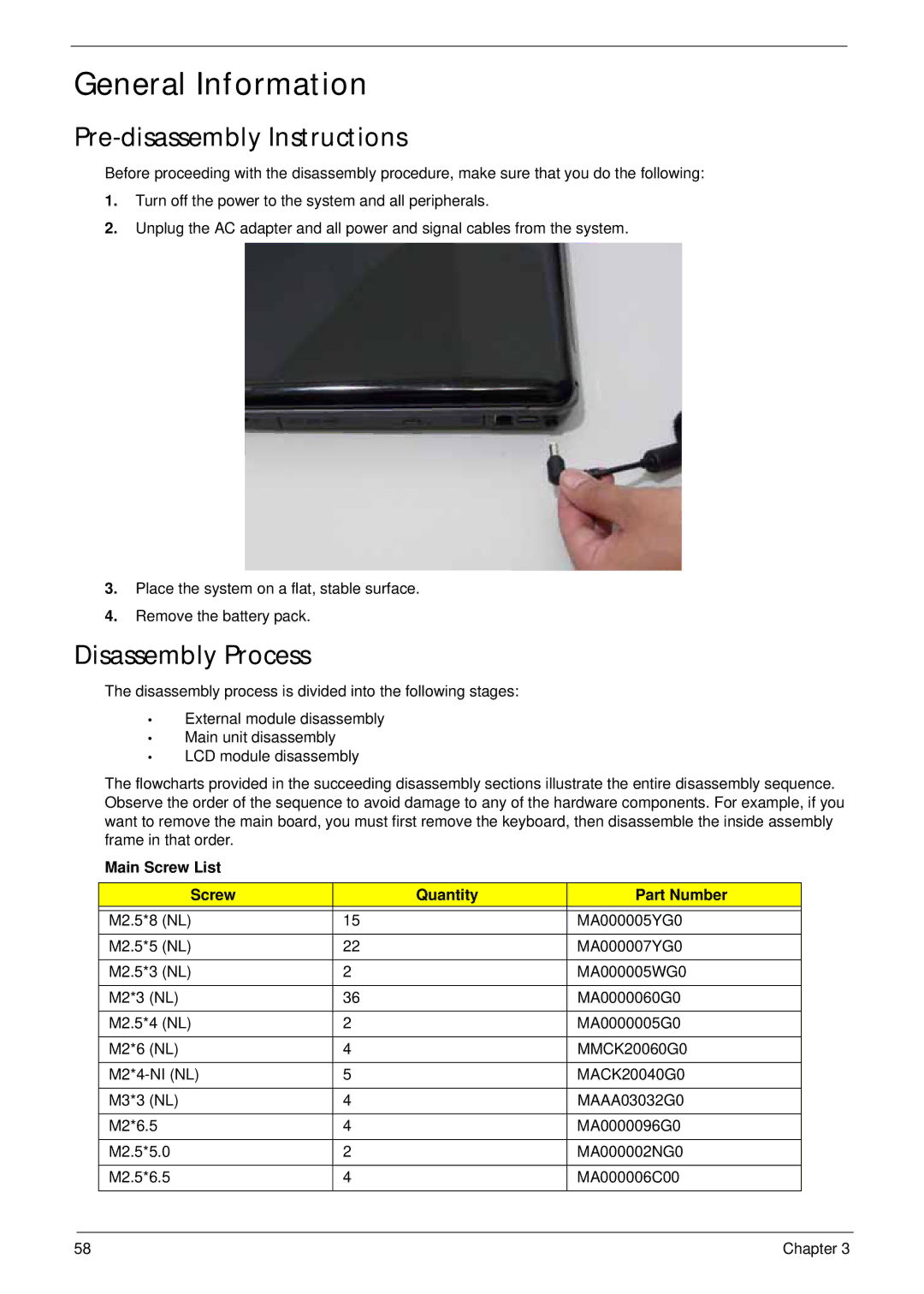 Acer 4930G General Information, Pre-disassembly Instructions, Disassembly Process, Main Screw List Quantity Part Number 