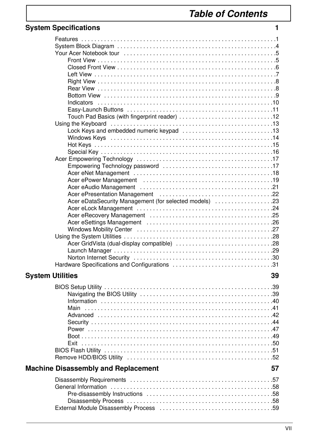 Acer 4930G manual Table of Contents 