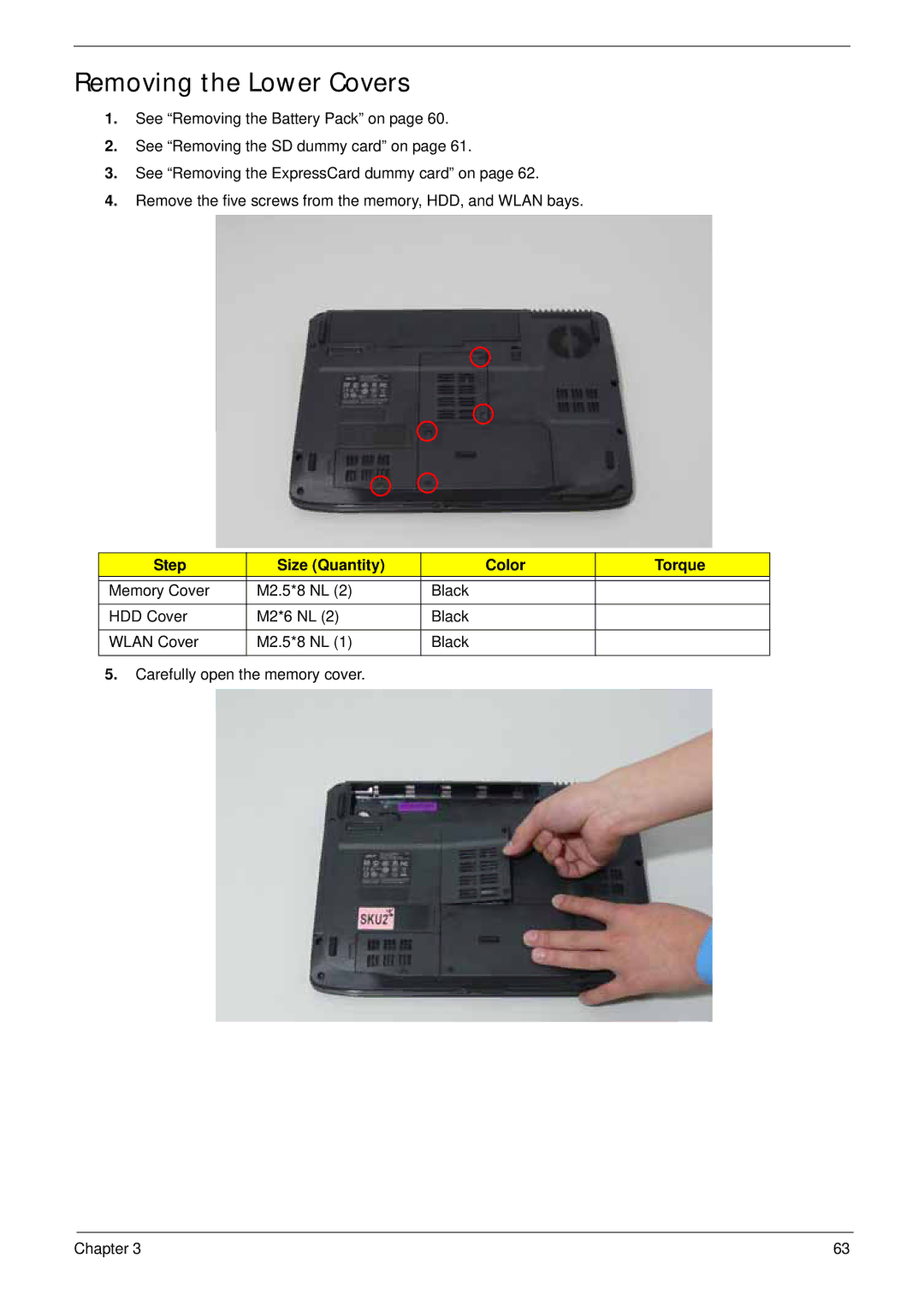 Acer 4930G manual Removing the Lower Covers, Step Size Quantity Color Torque 