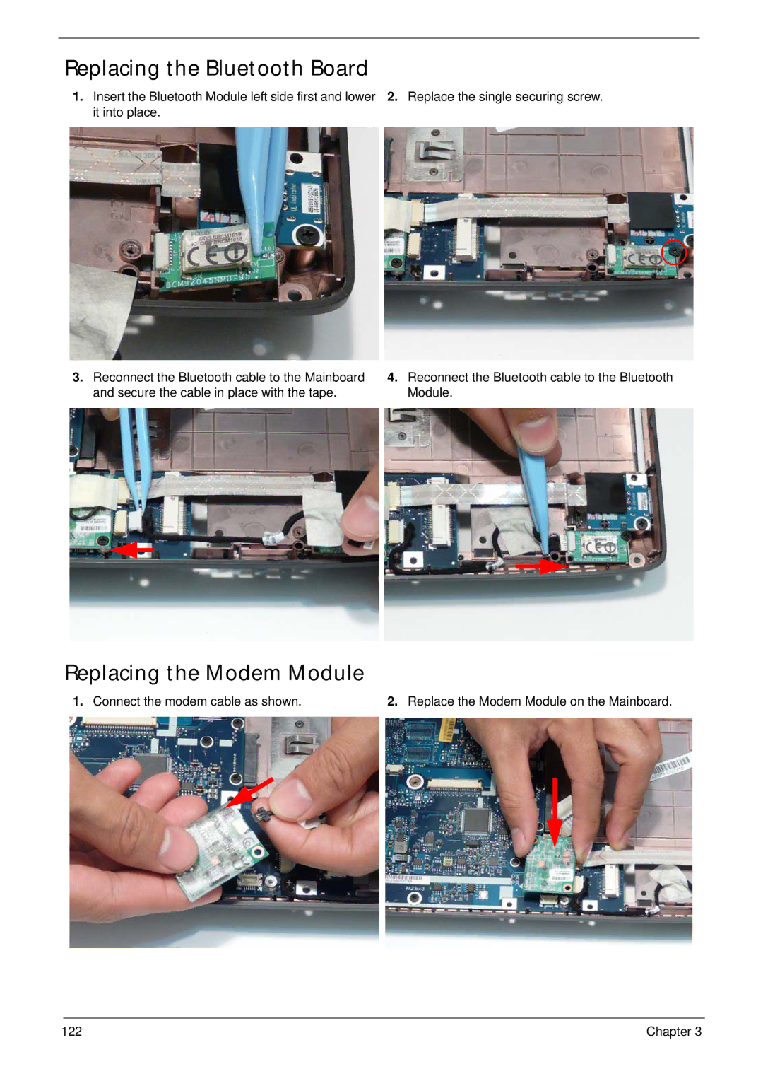 Acer 4935G SERIES manual Replacing the Bluetooth Board, Replacing the Modem Module 