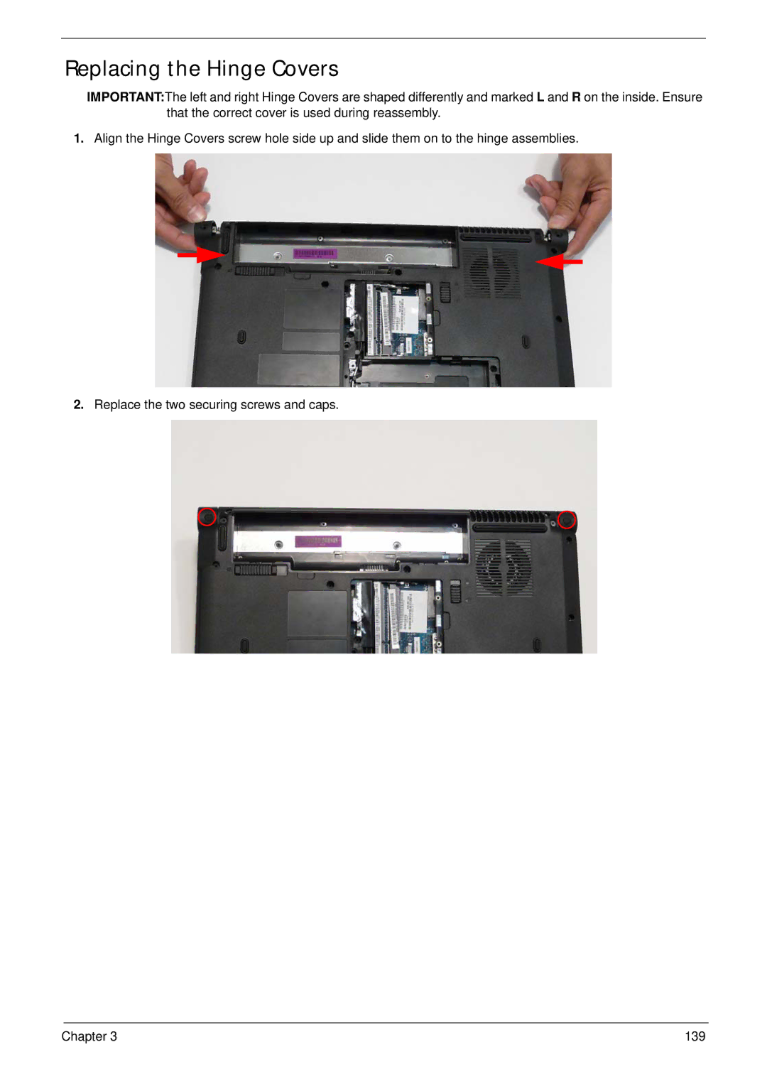 Acer 4935G SERIES manual Replacing the Hinge Covers 