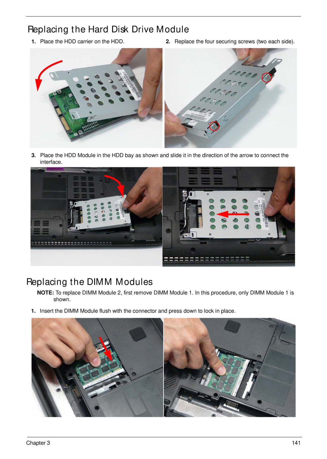 Acer 4935G SERIES manual Replacing the Hard Disk Drive Module, Replacing the Dimm Modules, Place the HDD carrier on the HDD 