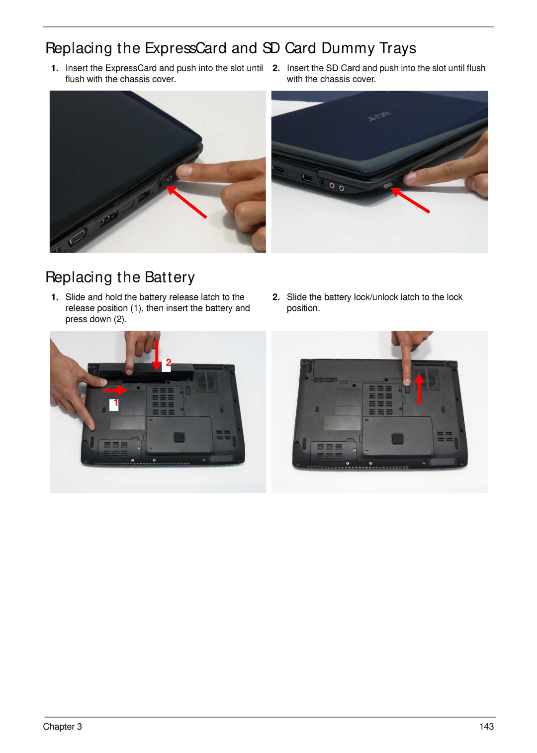 Acer 4935G SERIES manual Replacing the ExpressCard and SD Card Dummy Trays, Replacing the Battery 