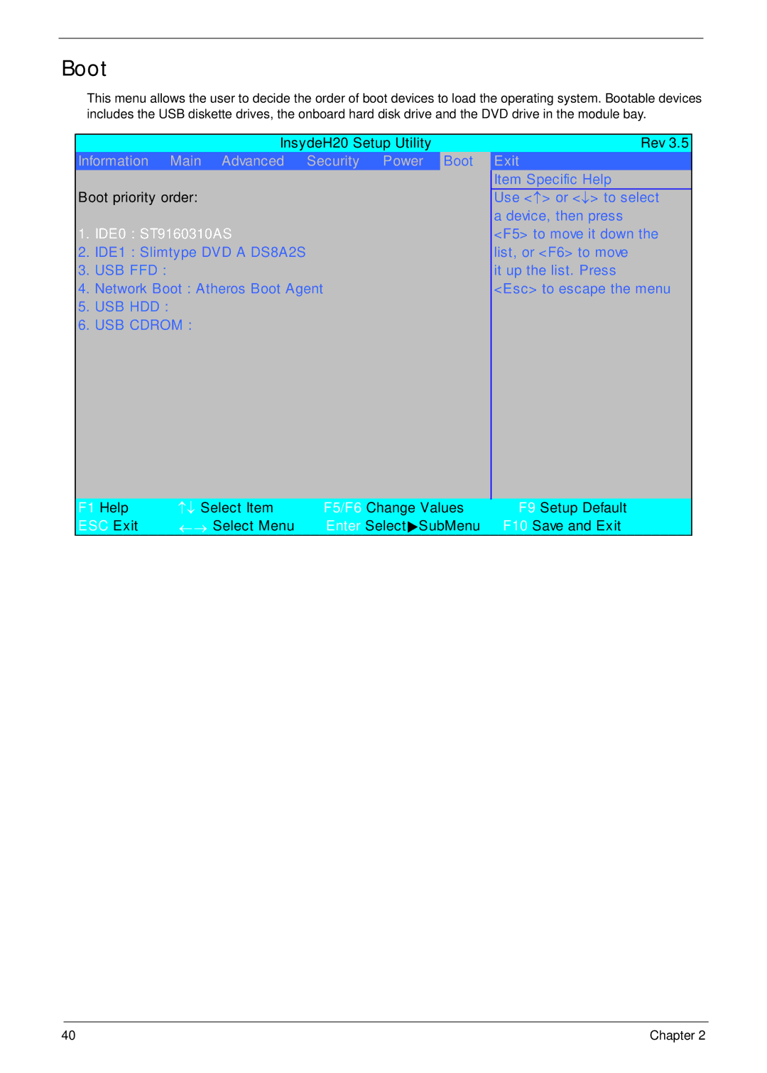 Acer 4935G SERIES manual Boot, USB HDD USB Cdrom 