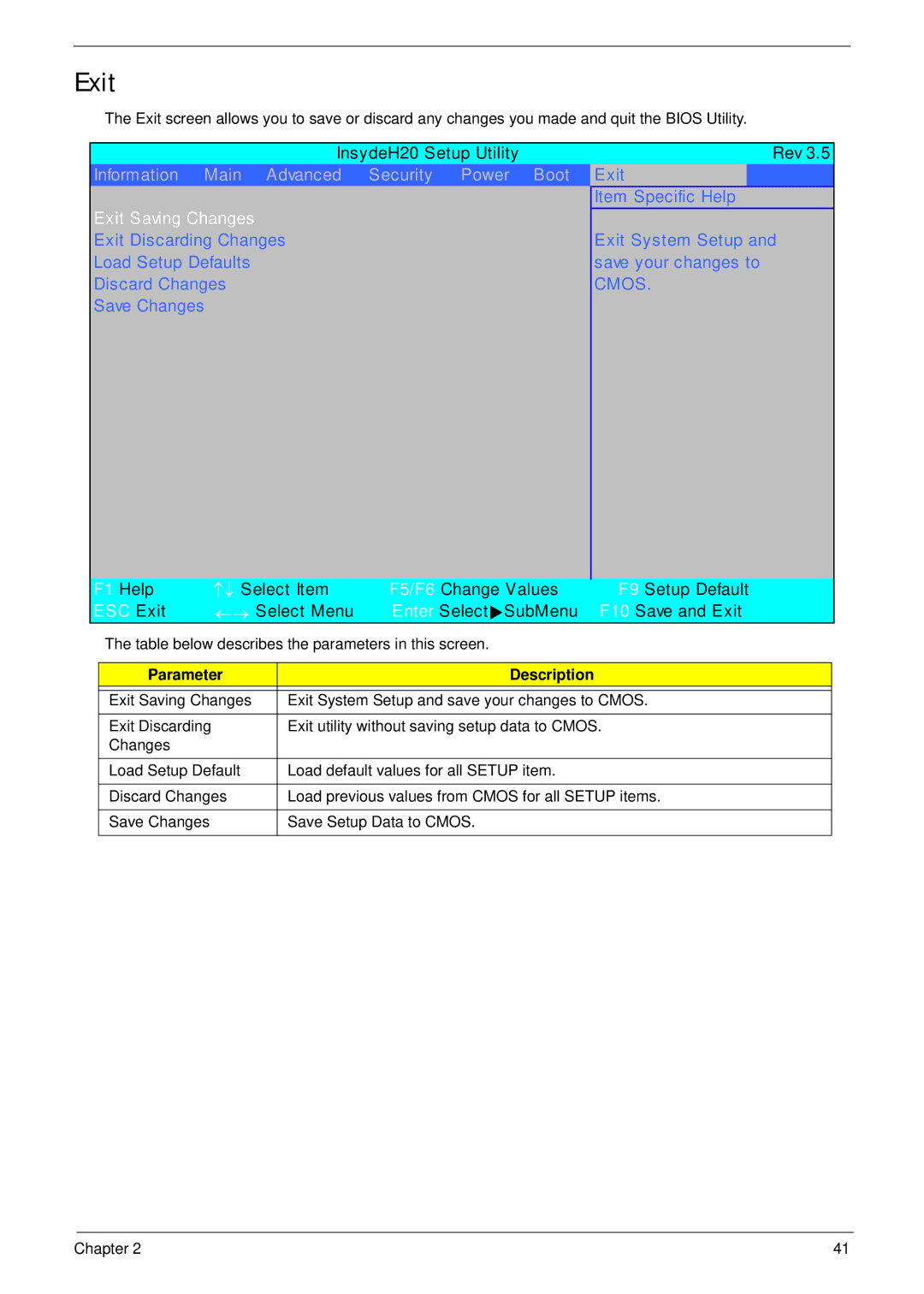 Acer 4935G SERIES manual Exit Saving Changes 