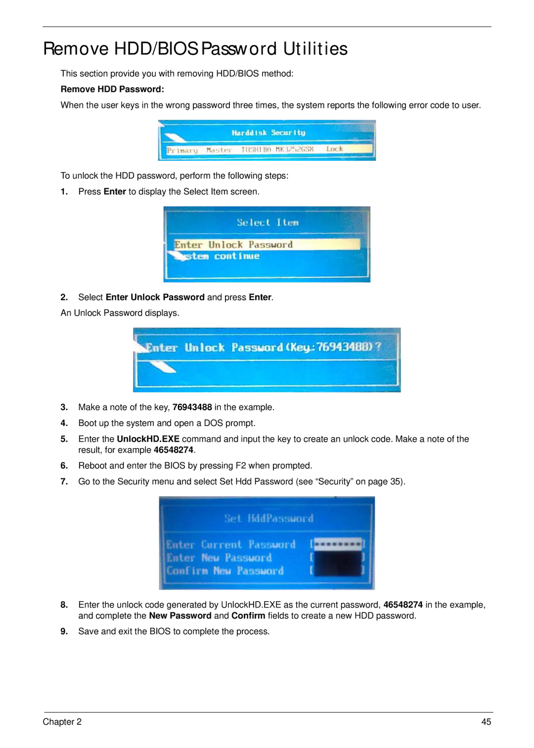 Acer 4935G SERIES manual Remove HDD/BIOS Password Utilities, Remove HDD Password 