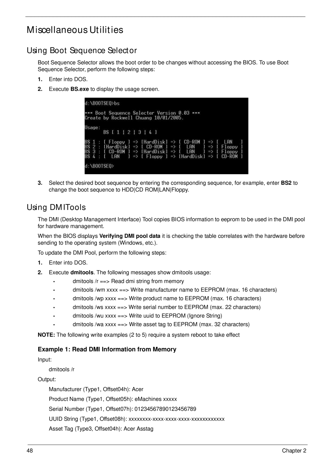 Acer 4935G SERIES manual Miscellaneous Utilities, Using Boot Sequence Selector, Using DMITools 