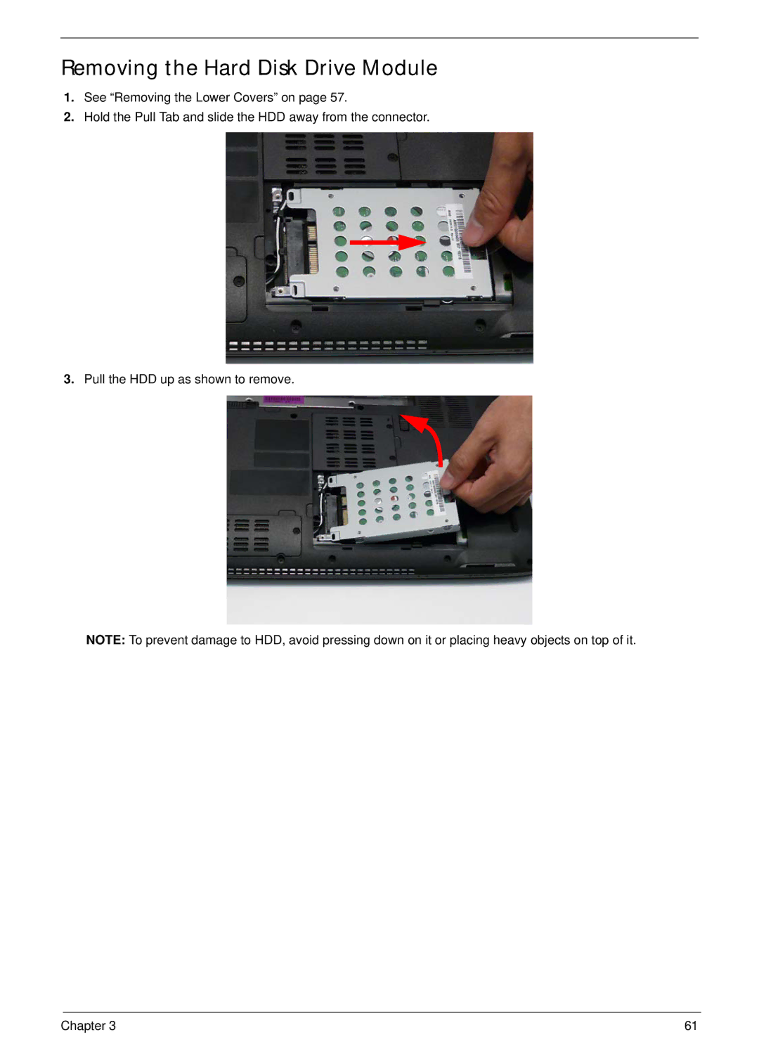 Acer 4935G SERIES manual Removing the Hard Disk Drive Module 