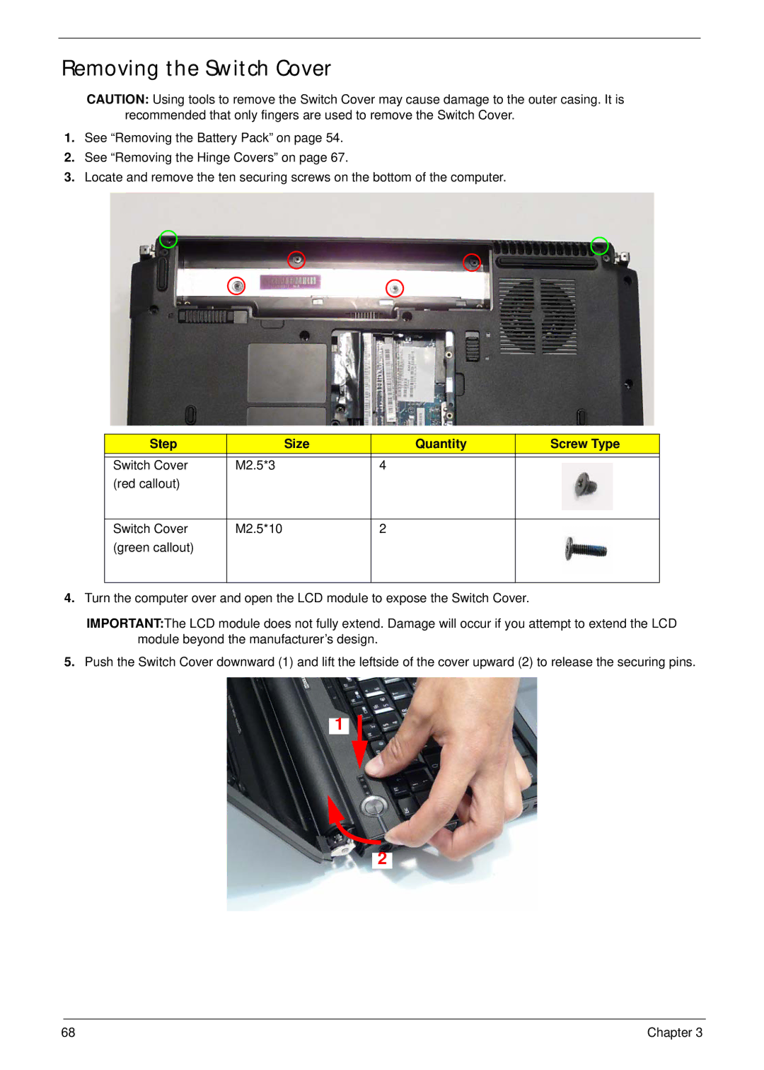 Acer 4935G SERIES manual Removing the Switch Cover, Step Size Quantity Screw Type 