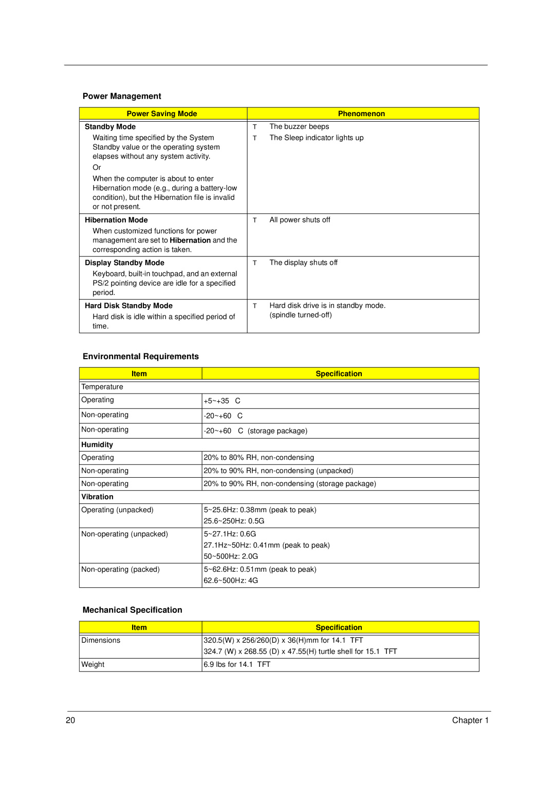 Acer 49.49C02.001 manual Power Management, Environmental Requirements, Mechanical Specification 