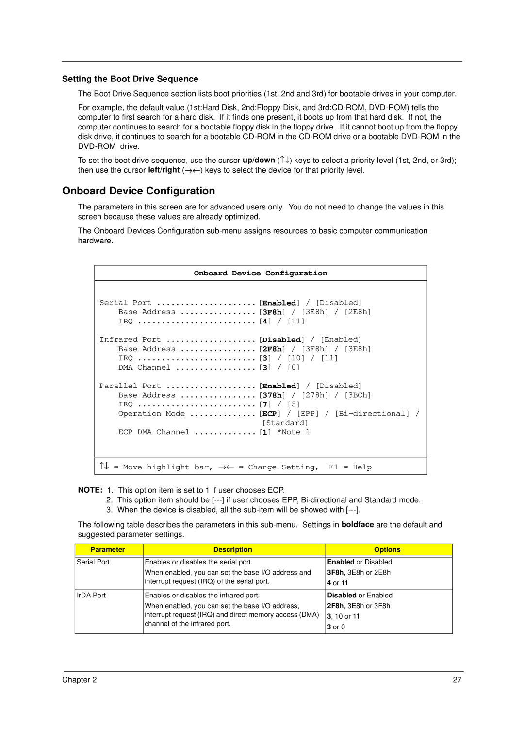 Acer 49.49C02.001 manual Onboard Device Configuration, Setting the Boot Drive Sequence 