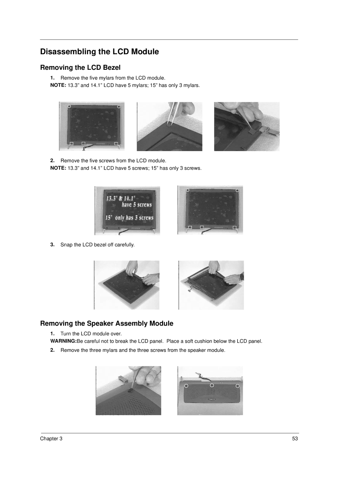 Acer 49.49C02.001 manual Disassembling the LCD Module, Removing the LCD Bezel, Removing the Speaker Assembly Module 