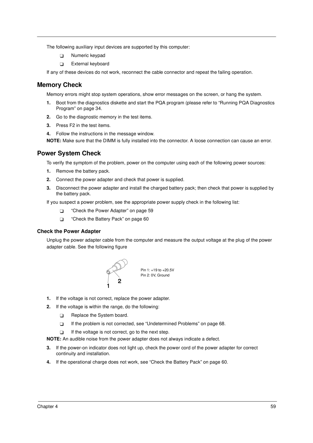 Acer 49.49C02.001 manual Memory Check, Power System Check 