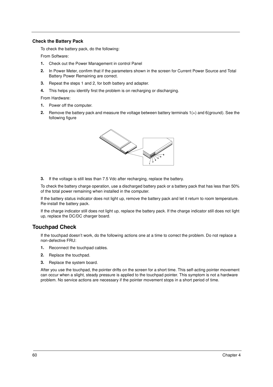 Acer 49.49C02.001 manual Touchpad Check, Check the Battery Pack 