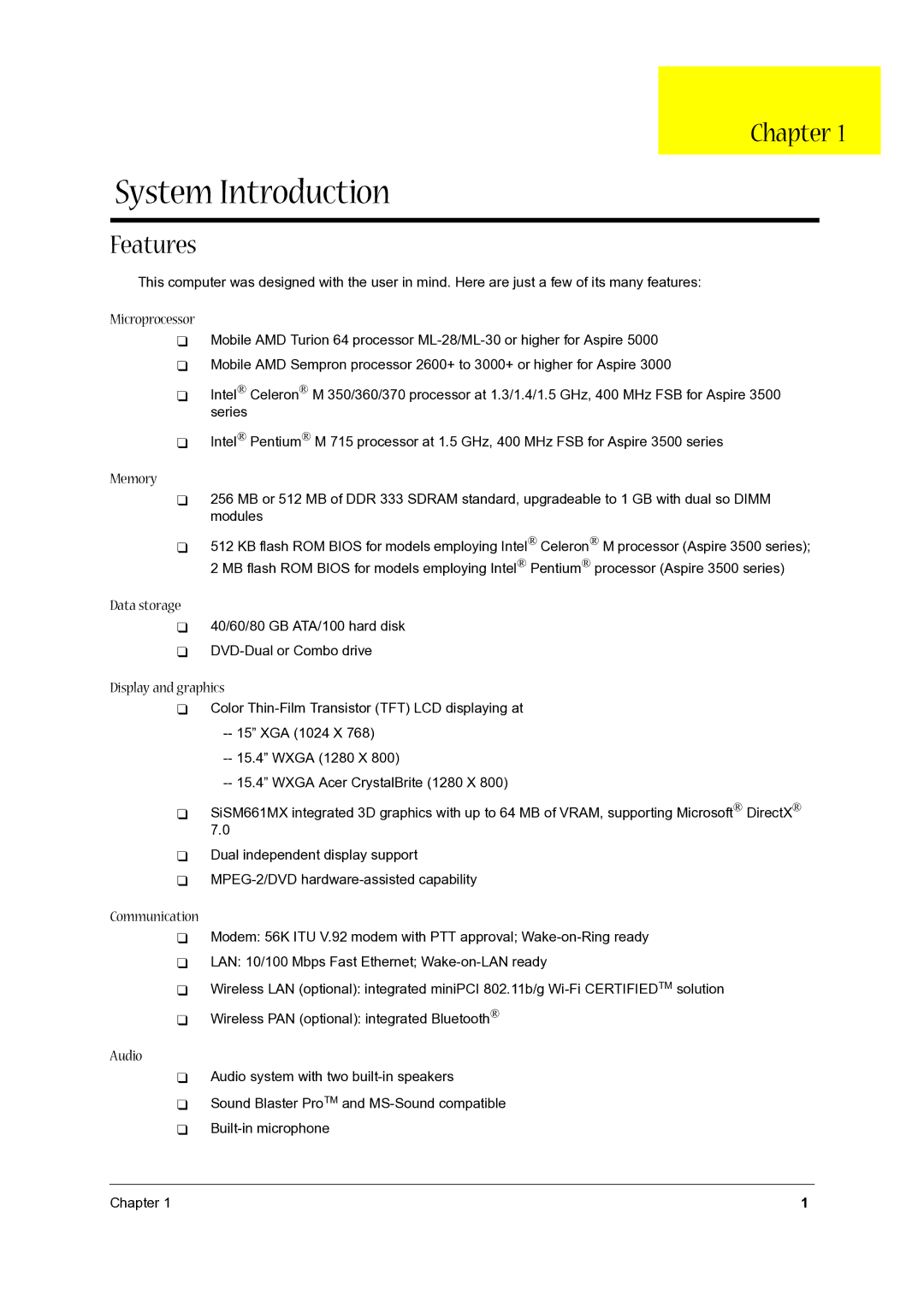 Acer 5000, 3500 manual Chapter, Features 