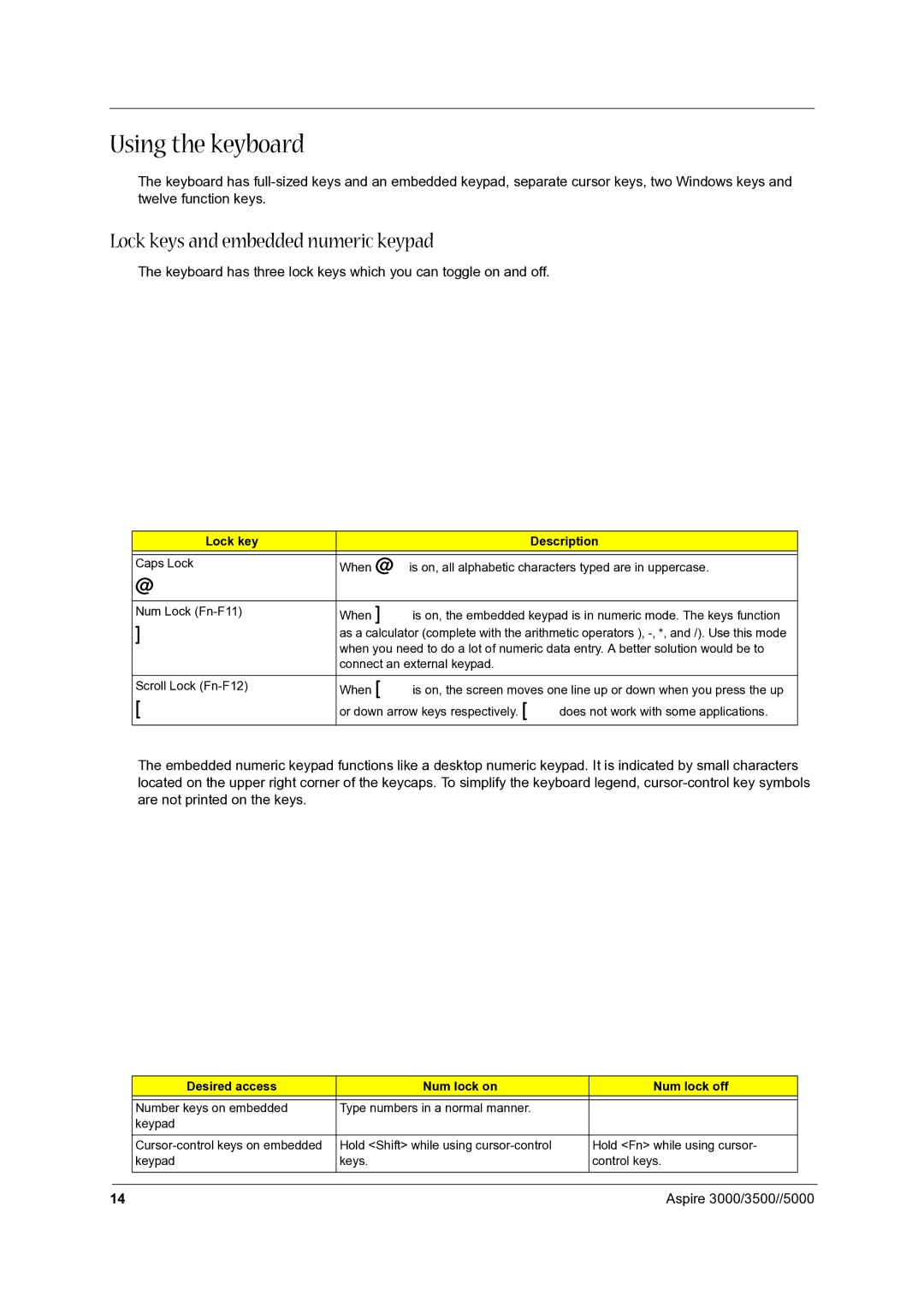 Acer 3500, 5000 manual Using the keyboard, Lock keys and embedded numeric keypad, Lock key Description 