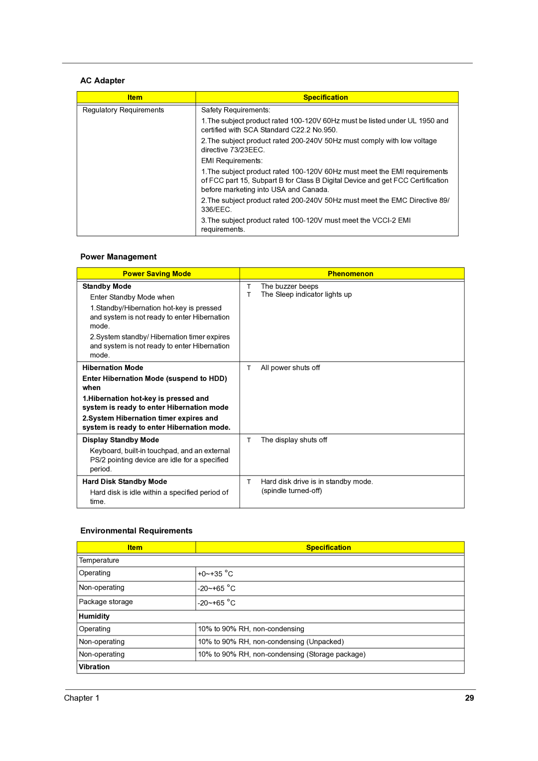 Acer 5000, 3500 manual Power Management, Environmental Requirements 