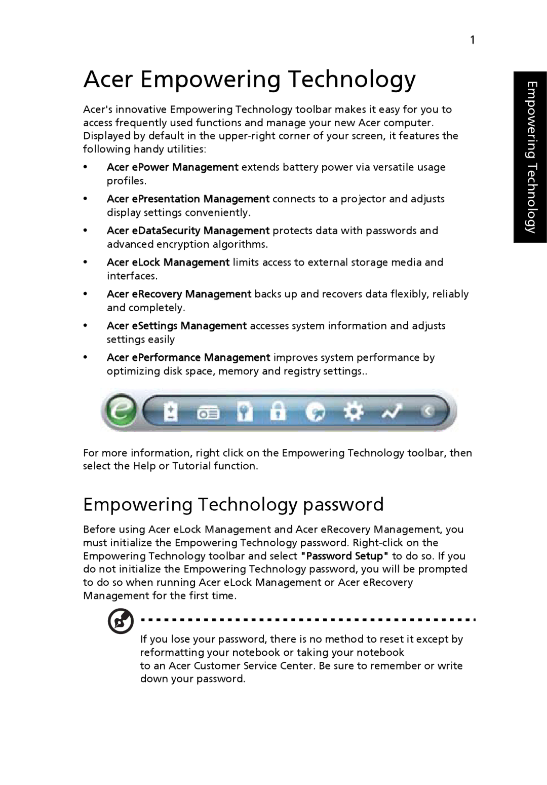 Acer 5000 Series manual Acer Empowering Technology, Empowering Technology password 