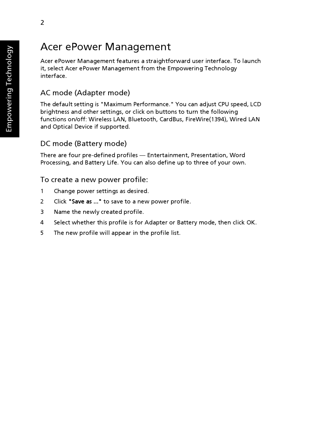 Acer 5000 Series manual Acer ePower Management, AC mode Adapter mode, DC mode Battery mode, To create a new power profile 