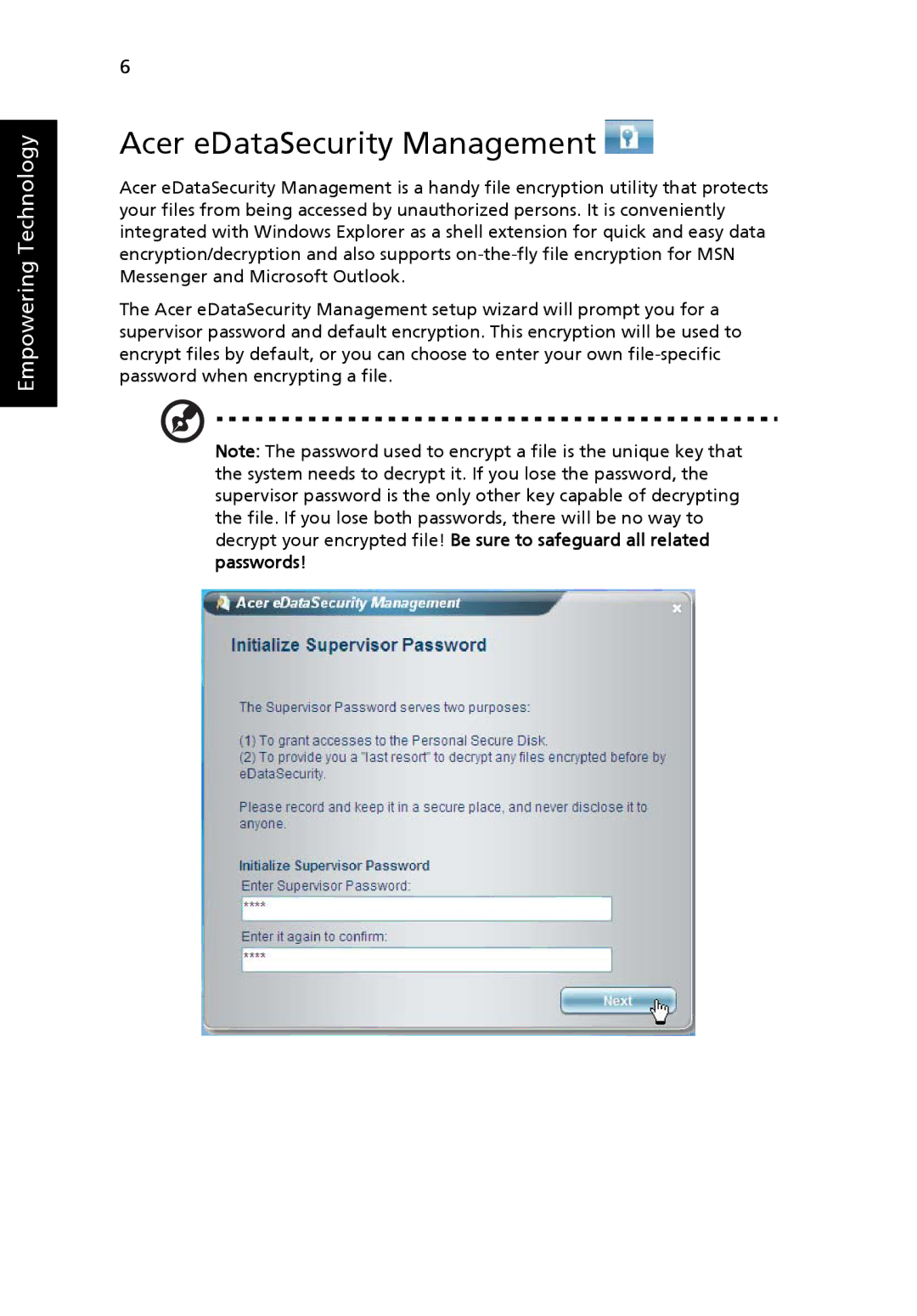 Acer 5000 Series manual Acer eDataSecurity Management 