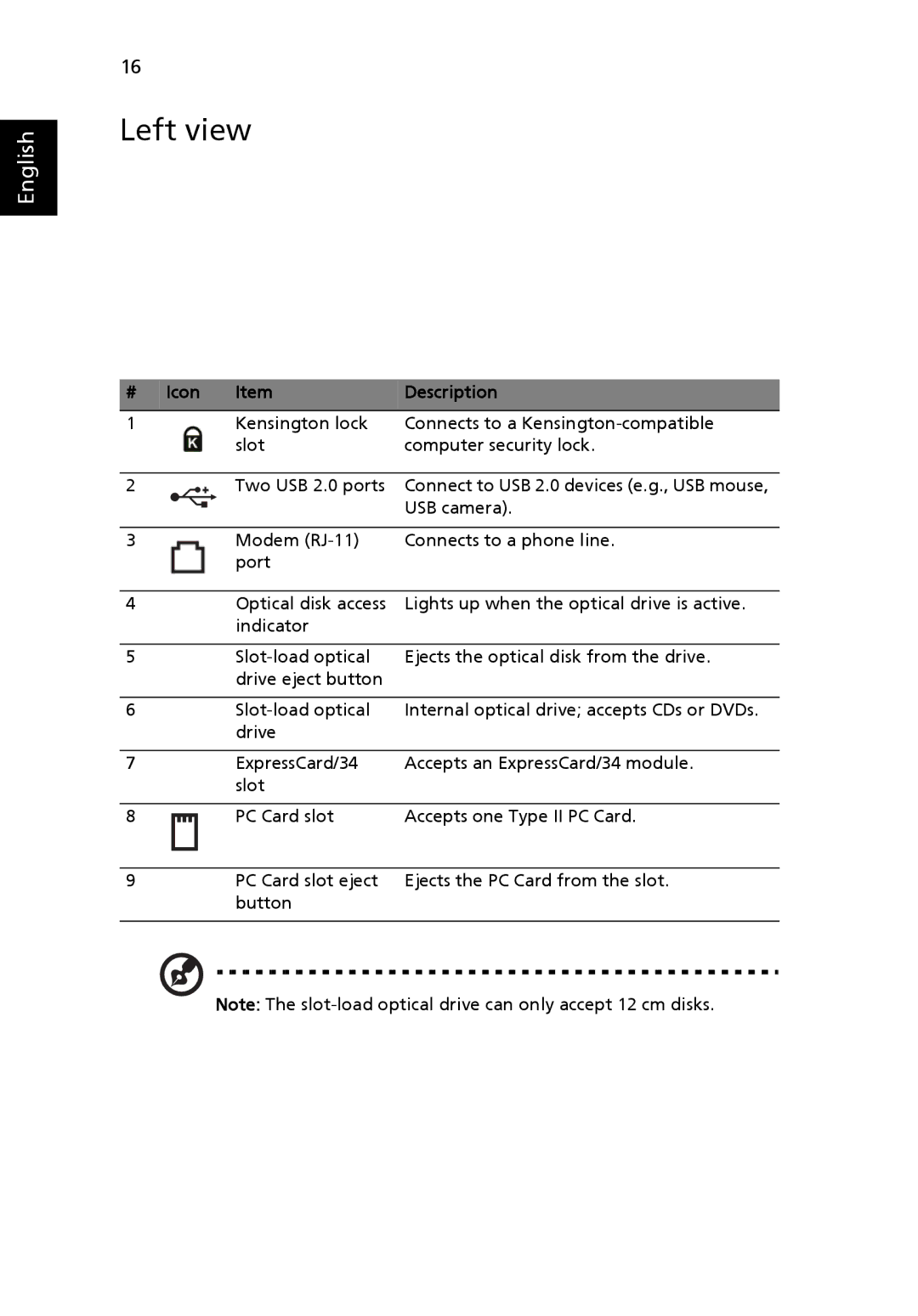 Acer 5000 Series manual Left view 